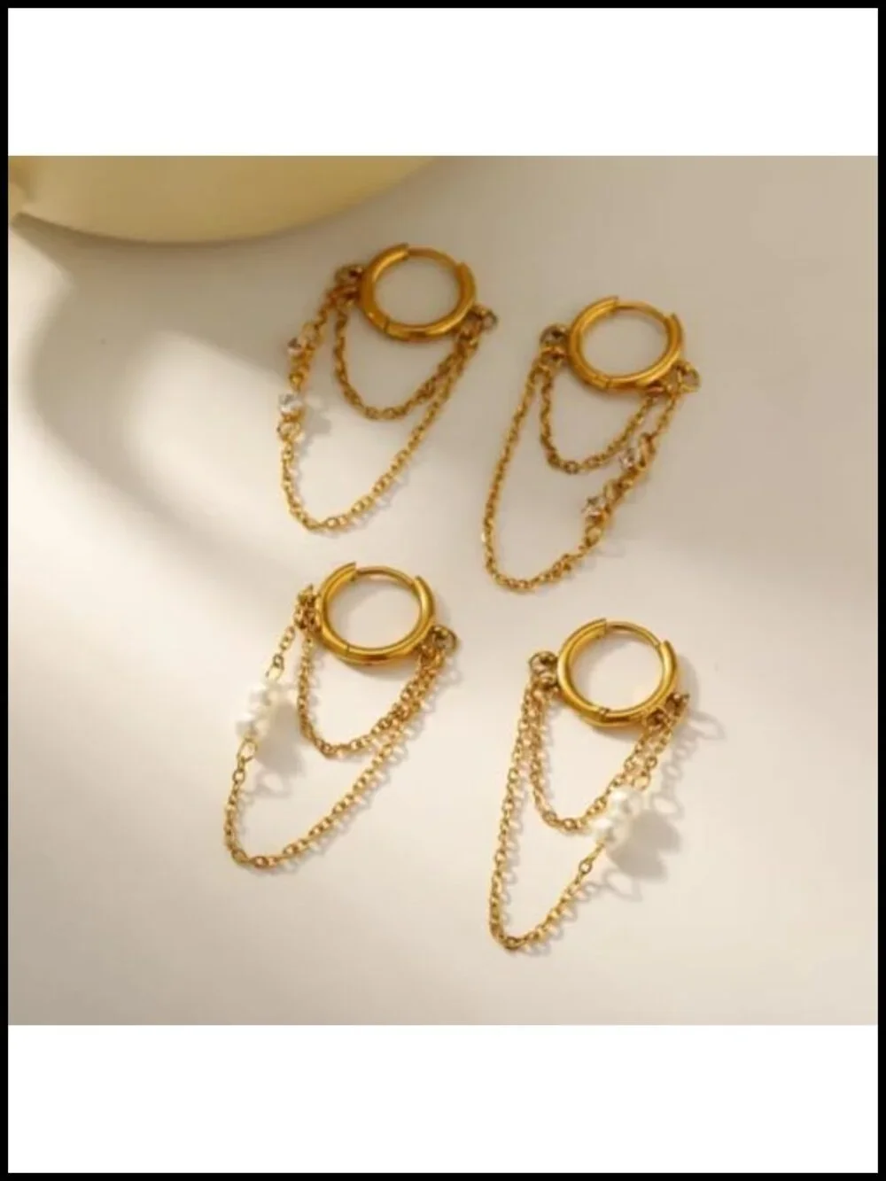 18K Gold Plated 304 Stainless Steel Double Dangling Chain Huggie Hoop Earrings